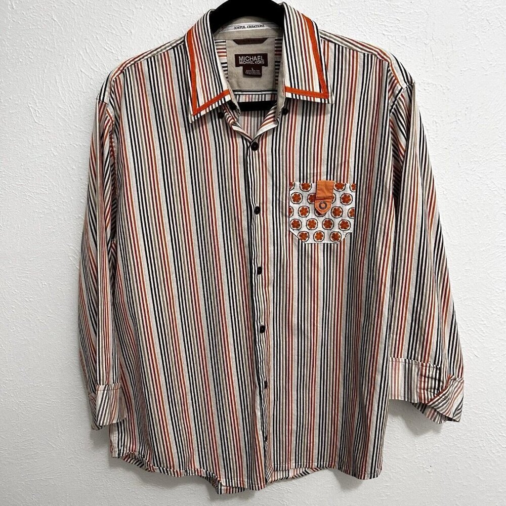 Michael Kors Size L / XL Shirt Button Down White‎ Striped Pockets Upcycled Art